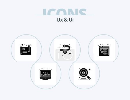 Téléchargez les illustrations : Ux et Ui Glyph Icon Pack 5 Icon Design. organigramme. processus. virus. mise en œuvre. développement - en licence libre de droit