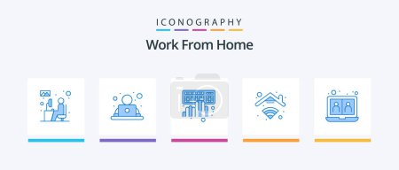 Téléchargez les illustrations : Work From Home Blue 5 Icon Pack Including connection. internet. worker. home. typing. Creative Icons Design - en licence libre de droit