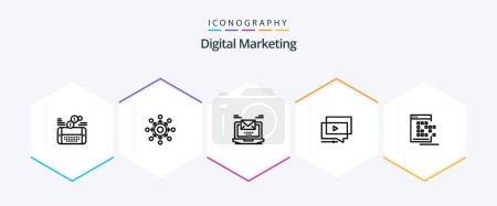 Illustration for Digital Marketing 25 Line icon pack including tutorial. play. team. laptop. mail - Royalty Free Image