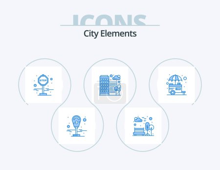 Illustration for City Elements Blue Icon Pack 5 Icon Design. street. stall. journey. food. house - Royalty Free Image