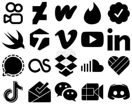 Téléchargez les illustrations : 20 icônes attrayantes de glyphe solide noir tels que lastfm. mesenger. vimeo. signaux et icônes linkedin. Haute qualité et créativité - en licence libre de droit