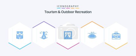 Ilustración de Tourism And Outdoor Recreation 25 Blue icon pack including camera. hotel. update. pool . photo - Imagen libre de derechos