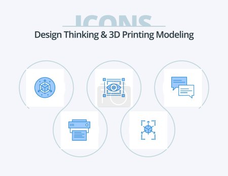 Téléchargez les illustrations : Design Thinking And D Printing Modeling Blue Icon Pack 5 Icon Design. message . chat. scale. eye. view - en licence libre de droit