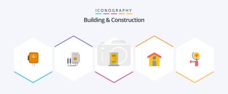 Téléchargez les illustrations : Building And Construction 25 Flat icon pack including grinding. construction. tester. house. city - en licence libre de droit