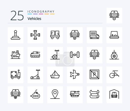 Téléchargez les illustrations : Vehicles 25 Line icon pack including delivery. plus. fork truck. more. add - en licence libre de droit