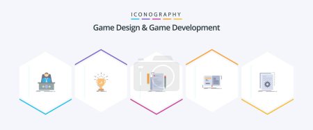 Illustration for Game Design And Game Development 25 Flat icon pack including open. author. prize. script. file - Royalty Free Image
