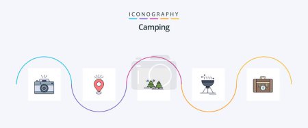 Téléchargez les illustrations : Camping Line Filled Flat 5 Icon Pack Including food. cooking bbq. holiday. pines. jungle - en licence libre de droit