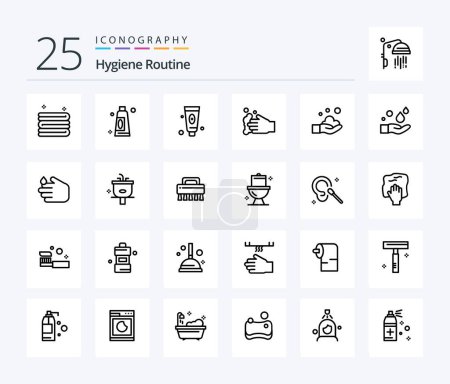 Illustration for Hygiene Routine 25 Line icon pack including shower. bathroom. face. basin. soap - Royalty Free Image