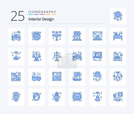 Illustration for Interior Design 25 Blue Color icon pack including interior. chimney. flower. window. home - Royalty Free Image