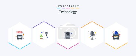 Illustration for Technology 25 Flat icon pack including globe. sound recorder. plant. microphone. storage - Royalty Free Image