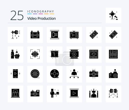 Ilustración de Producción de vídeo 25 Paquete de iconos de Solid Glyph incluyendo tv. antena tv. grabación digital. tira de película. tira de película - Imagen libre de derechos