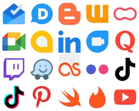 Illustration for 20 Linear Design Flat Social Media Icons twitch. quora. google meet. google duo and linkedin icons. Gradient Social Media Icon Set - Royalty Free Image