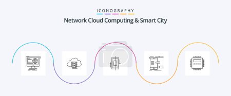Téléchargez les illustrations : Cloud Computing réseau et Smart City Line 5 Icon Pack y compris la synchronisation. données. données. smartphone. données - en licence libre de droit