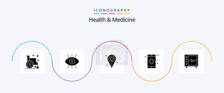Téléchargez les illustrations : Santé et médecine Glyphe 5 Icône Pack Y compris fitness. app. forme. médical. emplacement - en licence libre de droit