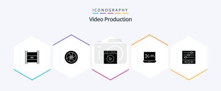 Illustration for Video Production 25 Glyph icon pack including digital audio editor. audio editing. superhero. watch video. touch play - Royalty Free Image