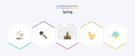Téléchargez les illustrations : Spring 25 Flat icon pack including nature. spring. building. swan. duck - en licence libre de droit