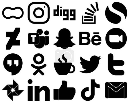 Illustration for 20 Simple Black Solid Icon Set such as zoom. snapchat. question and deviantart icons. Minimalist and professional - Royalty Free Image