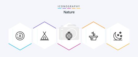 Illustration for Nature 25 Line icon pack including moon. half. gauge. plant. leaves - Royalty Free Image