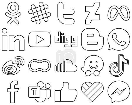Illustration for 20 Versatile Black Outline Social Media Icons such as china. weibo. professional. whatsapp and blogger icons. Eye-catching and high-definition - Royalty Free Image