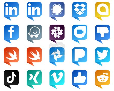 Ilustración de 20 Chat bubble style Icons for Top Social Media Platforms such as pandora. swift. fb. facebook and google duo icons. Minimalist and professional - Imagen libre de derechos