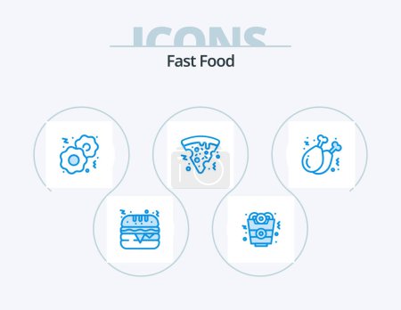 Téléchargez les illustrations : Fast Food Blue Icon Pack 5 Icon Design. . jambe. Vite ! la nourriture. cuisse de poulet - en licence libre de droit