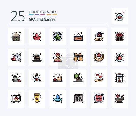 Téléchargez les illustrations : Pack d'icônes Sauna 25 Line rempli incluant le temps. lotus. signe. sauna. lotus - en licence libre de droit