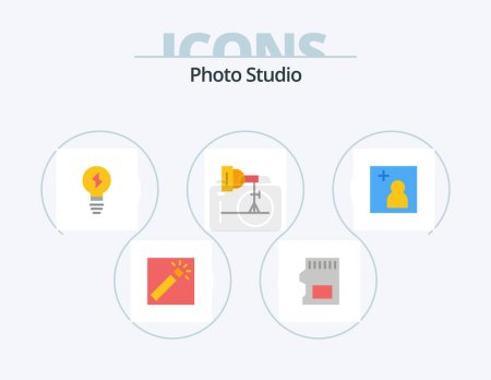 Téléchargez les illustrations : Photo Studio Flat Icon Pack 5 Icon Design. image. caméra. ampoule. studio. photo - en licence libre de droit