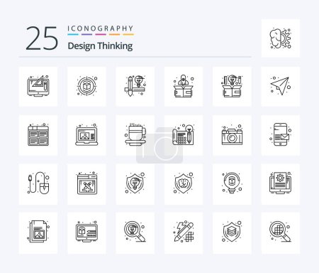 Illustration for Design Thinking 25 Line icon pack including design. computer. thinking. up. rocket - Royalty Free Image