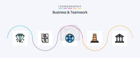 Téléchargez les illustrations : Pack 5 icônes plat rempli par ligne d'affaires et de travail d'équipe comprenant la technologie. les affaires. processus. réseau - en licence libre de droit