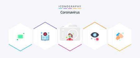 Téléchargez les illustrations : Coronavirus 25 Pack icône plate, y compris le virus infecté. fouille. virus. les yeux. sécurité - en licence libre de droit