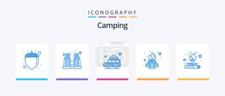 Ilustración de Camping Blue 5 Icon Pack Incluyendo. Fuego. Viajar. hoguera. Llama. Diseño de iconos creativos - Imagen libre de derechos