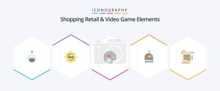 Illustration for Shoping Retail And Video Game Elements 25 Flat icon pack including note. document. moon. space. astronaut - Royalty Free Image
