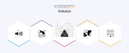 Téléchargez les illustrations : Pollution 25 Glyphe icône pack y compris co. huile. pollution. gaz. ordures - en licence libre de droit