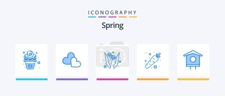 Ilustración de Spring Blue 5 Icon Pack Incluyendo la primavera. pájaro. Flor. casa. comida. Diseño de iconos creativos - Imagen libre de derechos
