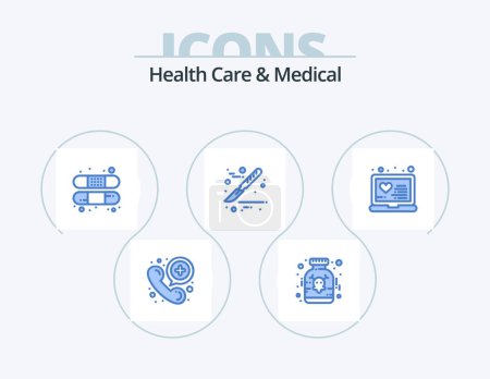 Téléchargez les illustrations : Health Care And Medical Blue Icon Pack 5 Icon Design. online. laptop. aid. surgery. medical - en licence libre de droit