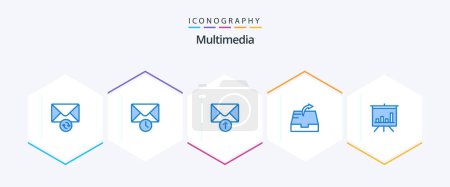 Illustration for Multimedia 25 Blue icon pack including . . receive. presentation. analytics - Royalty Free Image
