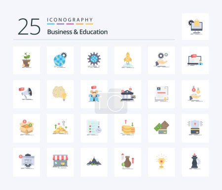 Téléchargez les illustrations : Business And Education 25 Flat Color icon pack including idea. solution. world wide. mission. ship - en licence libre de droit