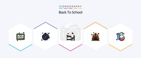 Téléchargez les illustrations : Pack icône Back To School 25 FilledLine comprenant une fiole. chimie. l'éducation. retour à l'école. sac - en licence libre de droit