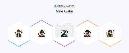Téléchargez les illustrations : Pack icône Avatar 25 FilledLine mâle avec livraison. Vieil homme. Avocat. Mec. agriculteur - en licence libre de droit