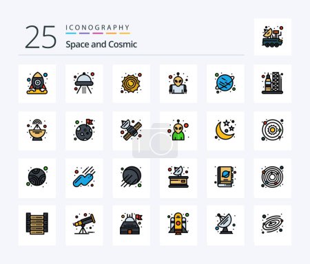 Téléchargez les illustrations : Pack d'icônes Space 25 Line Filled incluant le lancement. Saturne. astronomie. planète. planète - en licence libre de droit