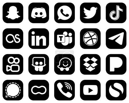 Téléchargez les illustrations : 20 Versatile White Social Media Icons on Black Background such as professional. tiktok and linkedin icons. Eye-catching and high-definition - en licence libre de droit