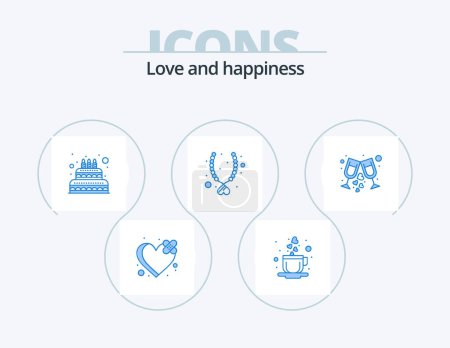 Illustration for Love Blue Icon Pack 5 Icon Design. wine. drink. love. present. jewel - Royalty Free Image
