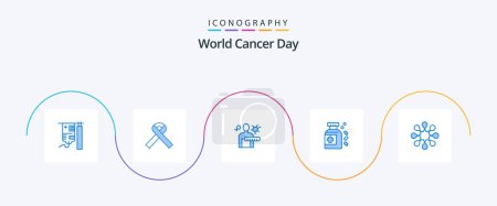 Téléchargez les illustrations : Pack de 5 icônes bleu Journée mondiale du cancer Y compris la maladie. solidarité. virus. comprimé. bouteille - en licence libre de droit