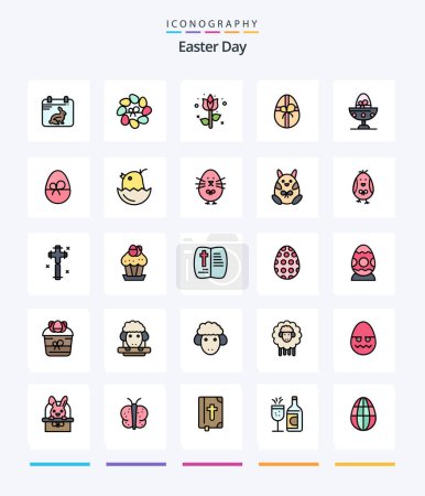 Téléchargez les illustrations : Pack d'icônes créatif de Pâques 25 lignes tel que cadeau. la nourriture. cadeau. oeuf. oeuf cuit - en licence libre de droit