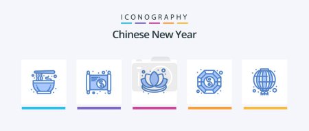 Ilustración de Paquete chino del icono del año nuevo azul 5 incluyendo chino. ¡ying! chinos. yang. Colmillo. Diseño de iconos creativos - Imagen libre de derechos