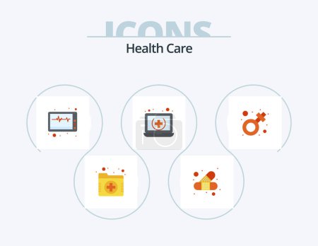 Téléchargez les illustrations : Icône plate de soins de santé Pack 5 Icône Design. genre. en ligne. machine. médical. santé - en licence libre de droit