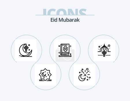 Téléchargez les illustrations : Eid Moubarak Line Icon Pack 5 Icon Design. décoration. fleur. Gree thé. faire du shopping. paquet - en licence libre de droit