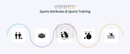 Téléchargez les illustrations : Sports Atributes And Sports Training Glyph 5 Icon Pack Including training. boxing. surfer. boxer. sport - en licence libre de droit