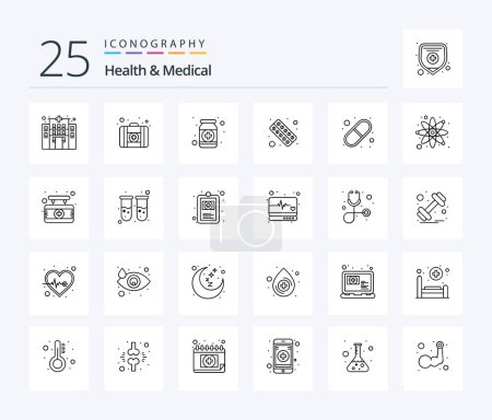 Illustration for Health And Medical 25 Line icon pack including science. atom. form. pills. medical - Royalty Free Image