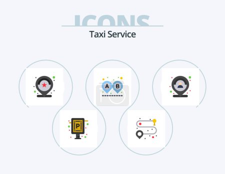 Ilustración de Taxi Service Flat Icon Pack 5 Icon Design. ubicación. Cabalga. número. Ruta. destino - Imagen libre de derechos